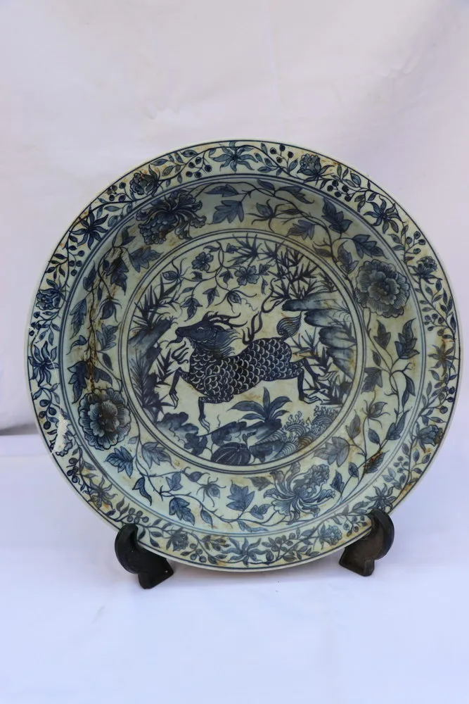 Antique Chinese Ming Dynasty Blue and White Porcelain Plate Qilin Painting, view 3