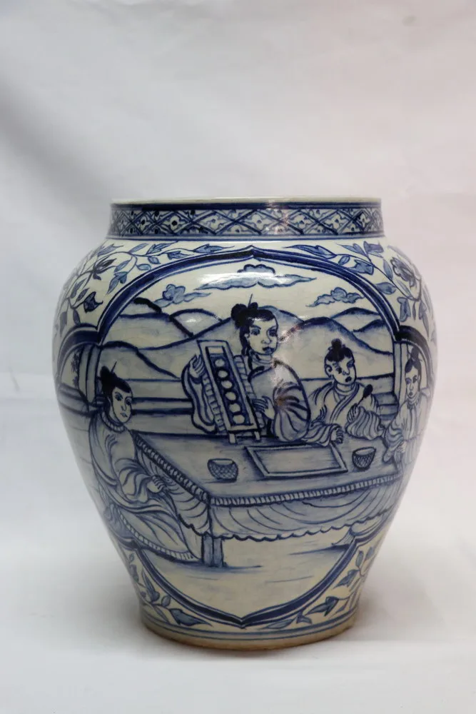 Early Ming Chinese Antique Blue and White Porcelain Jar with Characters, view 2